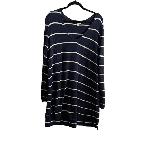 Old Navy Women XXL Navy Blue Striped Long Sleeve Textured V-Neck Tunic Sweater - Picture 2 of 10